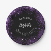 誕生日ブラックパープルグリッターガールネーム ペーパープレート (正面)