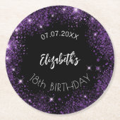 誕生日ブラックパープルグリッターガールネーム ラウンドペーパーコースター (正面)
