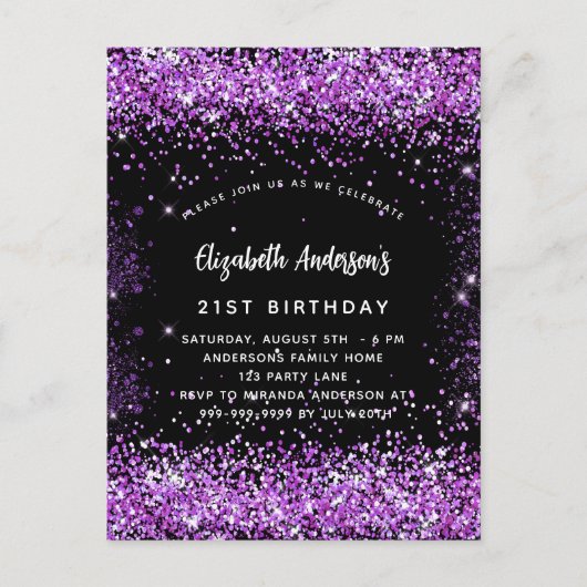 誕生日ブラックパープルグリッターグラマラス インビテーションポストカード (正面)