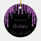 誕生日ブラックパープルグリッタースパークルモノグラム セラミックオーナメント (正面)