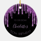 誕生日ブラックパープルグリッタースパークルモノグラム セラミックオーナメント (裏面)