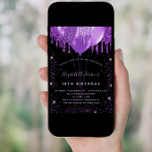 誕生日ブラックパープルグリッターダストバルーン 招待状