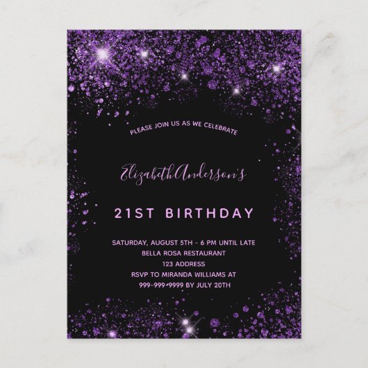 誕生日ブラックパープルグリッターダスト華 インビテーションポストカード (正面)