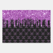 誕生日ブラックパープルグリッタードリップス名glam ラッピングペーパーシート (正面)
