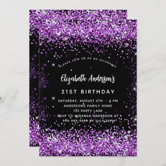 誕生日ブラックパープルラグジュアリー 招待状 (正面/裏面)