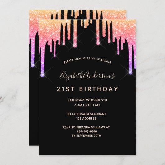 誕生日ブラックピンクの金ゴールド滴 招待状 (正面/裏面)