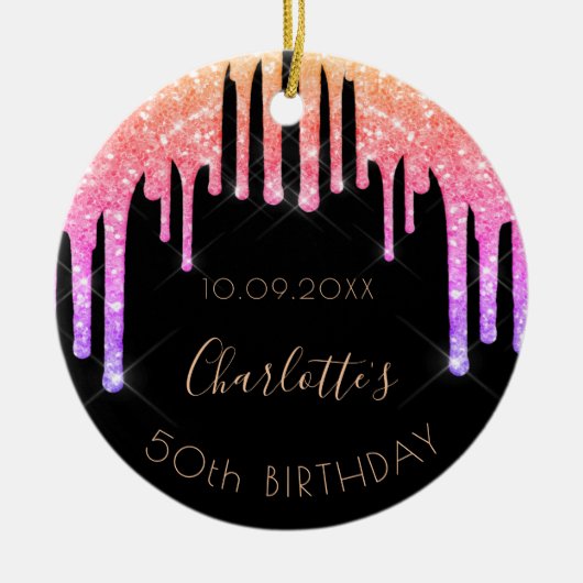 誕生日ブラックピンクグリッターモノグラム セラミックオーナメント (正面)