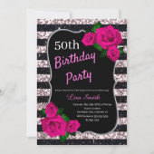 誕生日ブラックピンクストライプグリッターピンクローズ 招待状 (正面)