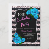 誕生日ブラックピンクストライプグリッターブルーバラ 招待状 (正面)