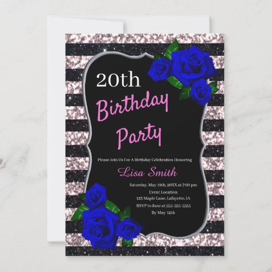 誕生日ブラックピンクストライプグリッター深いブルーバラ 招待状 (正面)