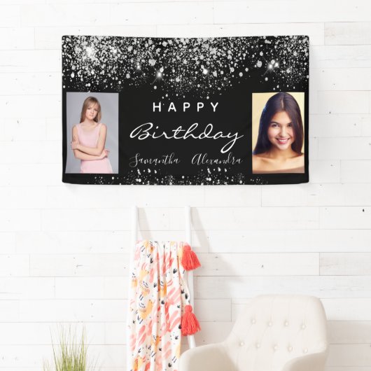 誕生日ブラックフォトシルバーグリッターフレンズ双子 横断幕 (インサイチュ)