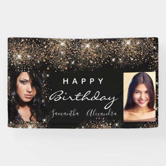 誕生日ブラックフォト金ゴールドグリッターフレンズ双子 横断幕 (横)