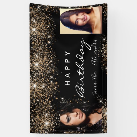 誕生日ブラックフォト金ゴールドグリッターフレンズ双子 横断幕 (縦)