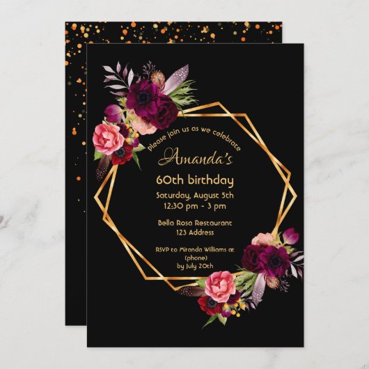 誕生日ブラックブルゴーニュフローラ金ゴールド幾何学模様 招待状 (正面/裏面)