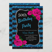 誕生日ブラックブルーストライプグリッターピンクローズ 招待状 (正面/裏面)