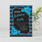 誕生日ブラックブルーストライプグリッターブルーバラ 招待状 (スタンド正面)