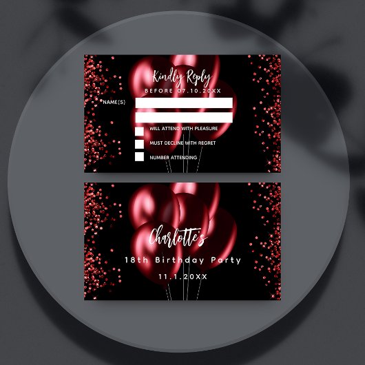 誕生日ブラックレッドバルーンパーティーRSVP エンクロージャーカード