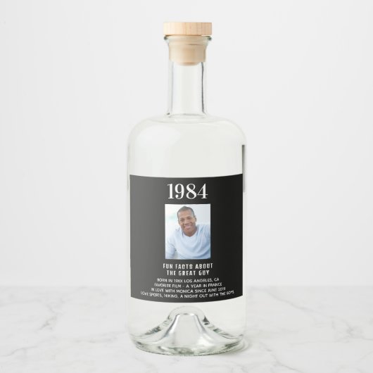 誕生日ブラック写真おもしろいファクトbio year誕生 リキュールボトルラベル (正面)