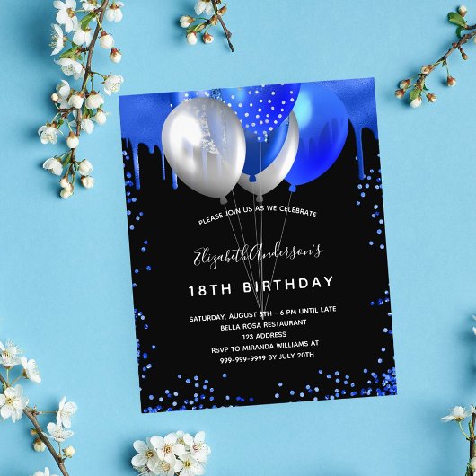 誕生日ブラック王室のブルーの予算招待状 チラシ