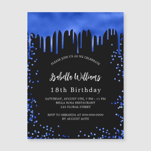 誕生日ブラック王室のブルードリップラグジュアリー マグネット招待状 (正面)