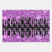 誕生日ブラック紫グリッターピンク滴モノグラム ラッピングペーパーシート (正面)