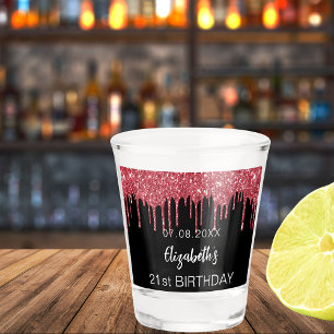 誕生日ブラック赤グリッタードライブ名 ショットグラス