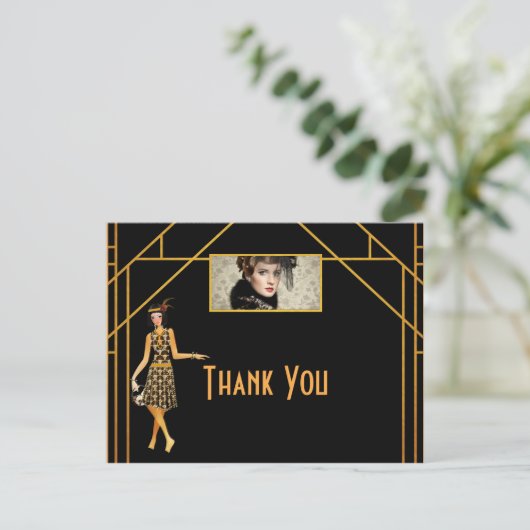 誕生日ブラック金ゴールドアートdeco写真ありがとう ポストカード (スタンド正面)