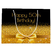 誕生日ブラック金ゴールドエレガントボウ名 ラージペーパーバッグ (裏面)