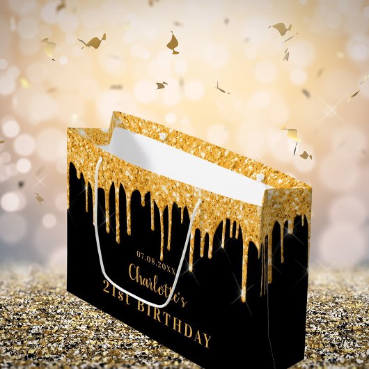 誕生日ブラック金ゴールドグリッターのドライブ名エレガント ラージペーパーバッグ