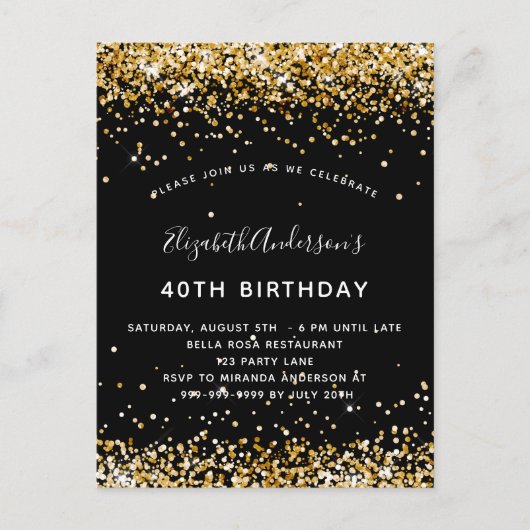 誕生日ブラック金ゴールドグリッターグラマラスパーティー インビテーションポストカード (正面)