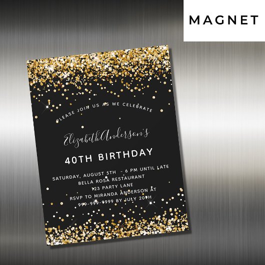 誕生日ブラック金ゴールドグリッターグラマラスパーティー マグネット招待状