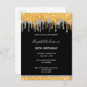 誕生日ブラック金ゴールドグリッターシルバーglam招待 ポストカード (正面/裏面)