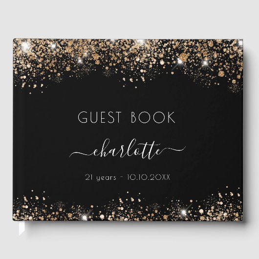 誕生日ブラック金ゴールドグリッタースパークル名 ゲストブック (正面)