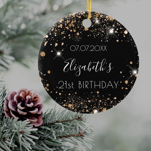 誕生日ブラック金ゴールドグリッターダスト名エレガント セラミックオーナメント