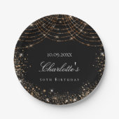 誕生日ブラック金ゴールドグリッターダスト名エレガントglam ペーパープレート (正面)