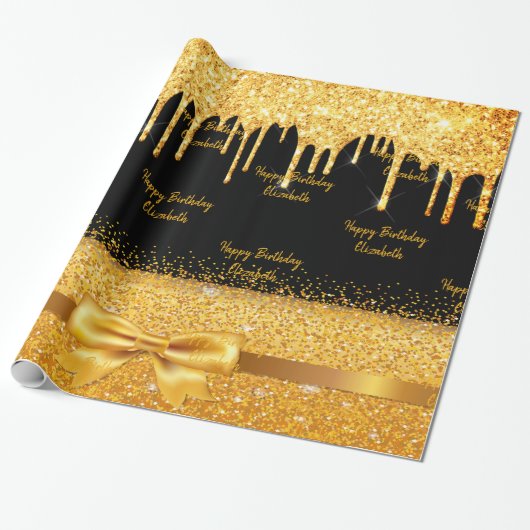 誕生日ブラック金ゴールドグリッタードリップスパークルネームボウ ラッピングペーパー (アンロールド)
