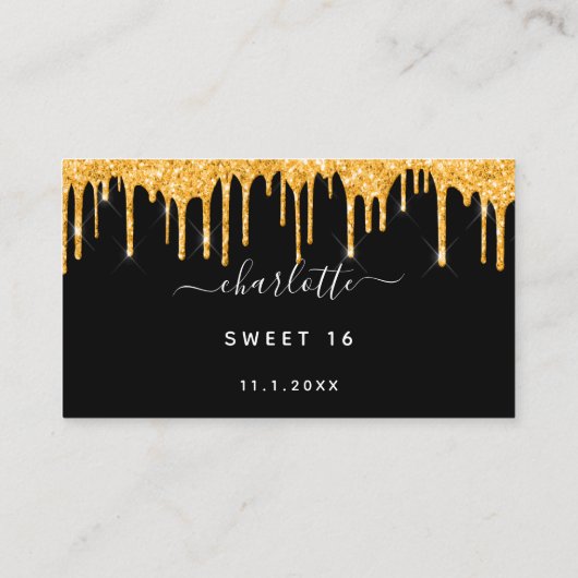 誕生日ブラック金ゴールドグリッタードリップスパーティーRSVP エンクロージャーカード (裏面)