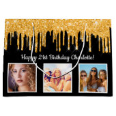 誕生日ブラック金ゴールドグリッタードリップフォト名 ラージペーパーバッグ (正面)