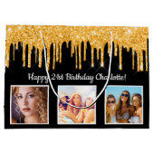 誕生日ブラック金ゴールドグリッタードリップフォト名 ラージペーパーバッグ (裏面)