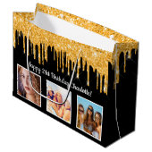 誕生日ブラック金ゴールドグリッタードリップフォト名 ラージペーパーバッグ (正面アングル)