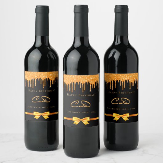 誕生日ブラック金ゴールドグリッタードリップモノグラムイニシャル ワインラベル (ボトル)