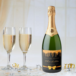 誕生日ブラック金ゴールドグリッタードリップモノグラム名 スパークリングワインラベル