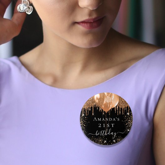 誕生日ブラック金ゴールドグリッターバルーン名 缶バッジ