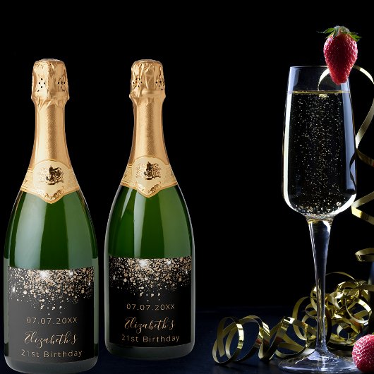 誕生日ブラック金ゴールドグリッターモノグラムシック スパークリングワインラベル