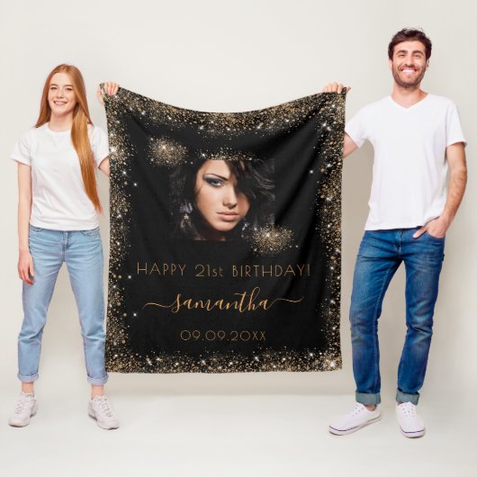 誕生日ブラック金ゴールドグリッターモノグラム写真 フリースブランケット (インサイチュ)