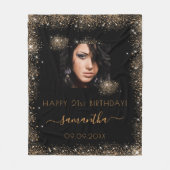 誕生日ブラック金ゴールドグリッターモノグラム写真 フリースブランケット (正面)