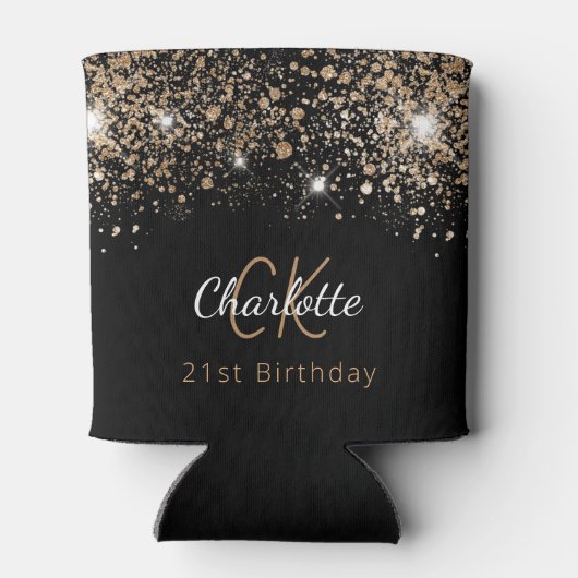 誕生日ブラック金ゴールドグリッターモノグラム名 缶クーラー (裏面)