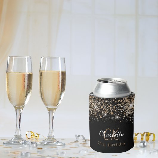 誕生日ブラック金ゴールドグリッターモノグラム名 缶クーラー