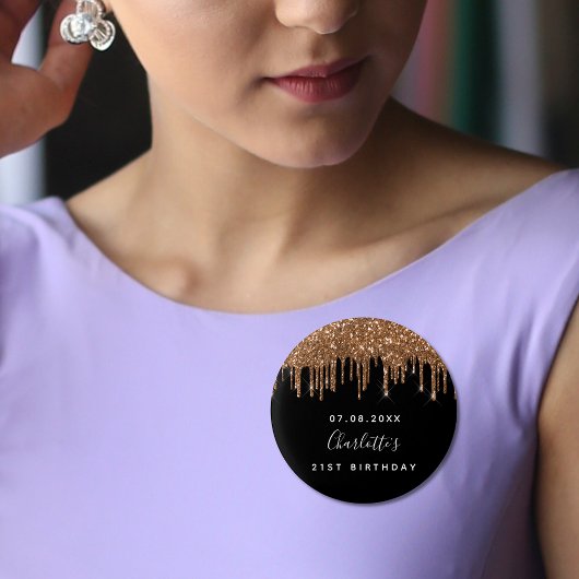誕生日ブラック金ゴールドグリッター乾燥モノグラムカスタム 缶バッジ