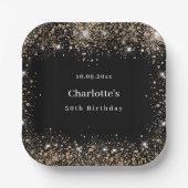 誕生日ブラック金ゴールドグリッター名 ペーパープレート (正面)